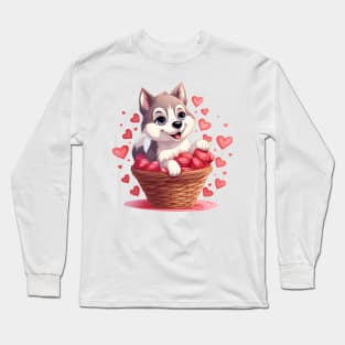 Cartoon Siberian Husky Dog in Hearts Basket Long Sleeve T-Shirt